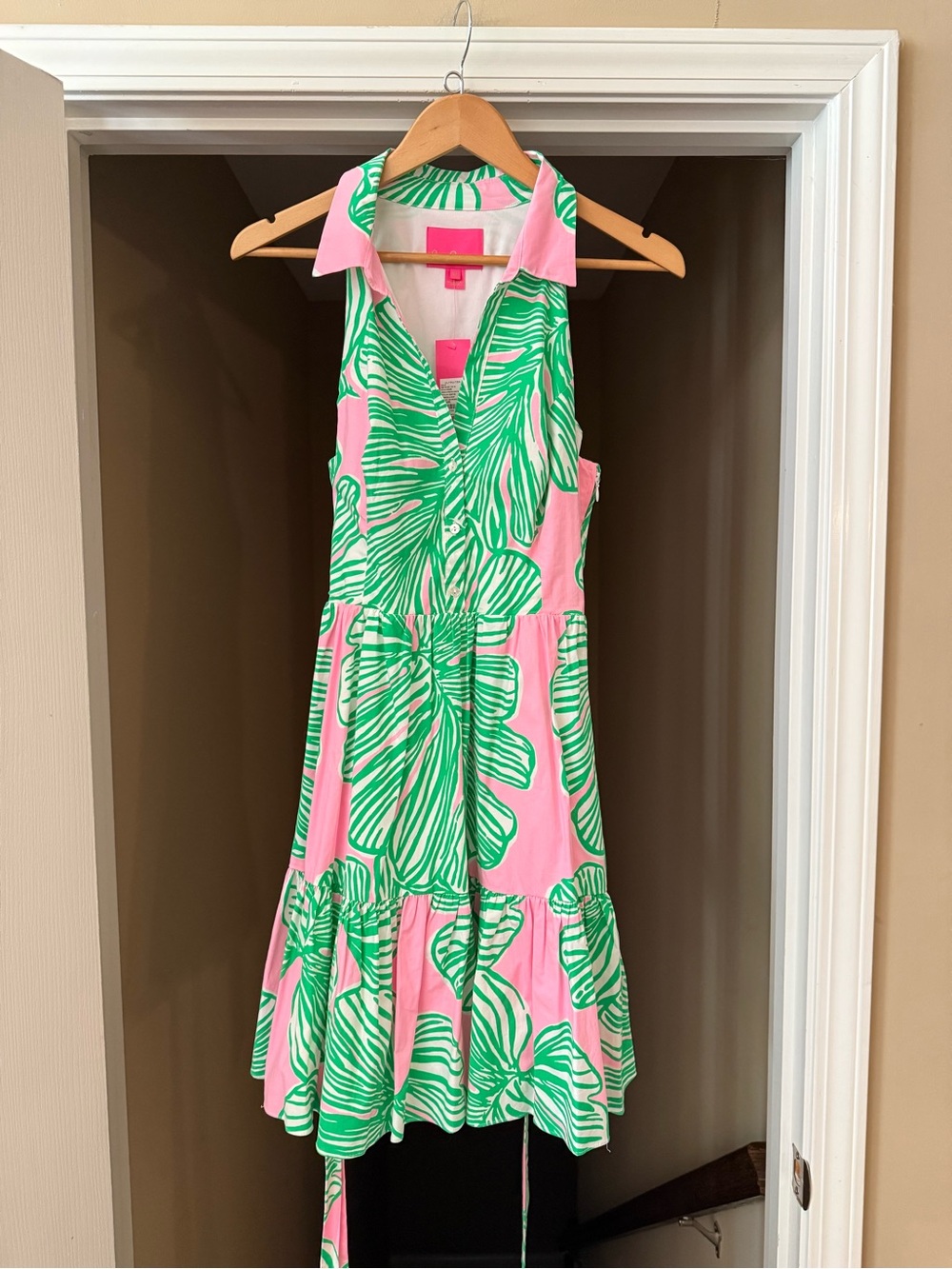 NWT Lilly Pulitzer Pink/Green Trisha Stretch Shirtdress: Who Let the Fronds Out - Picture 5 of 11